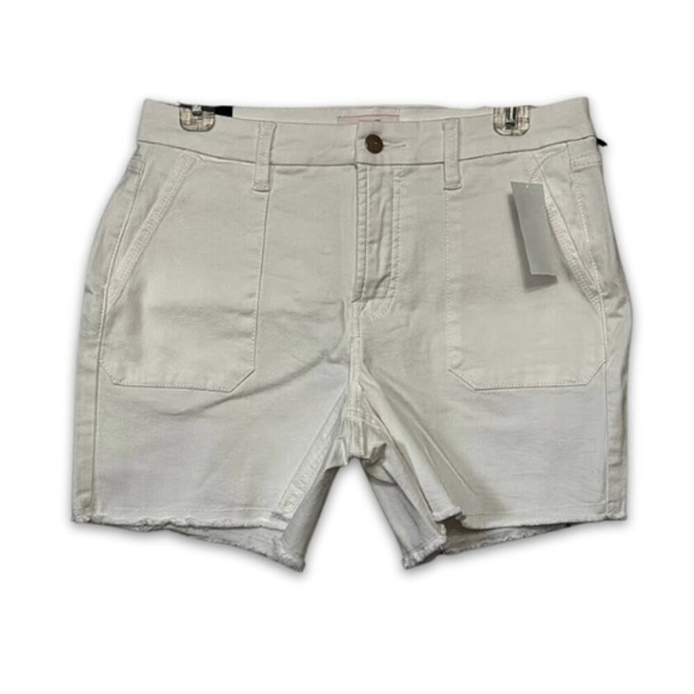 Jen7 Mid Rise Jean Shorts Frayed Hem Buttoned Zip Fly Solid Cream Women's 6 NWT